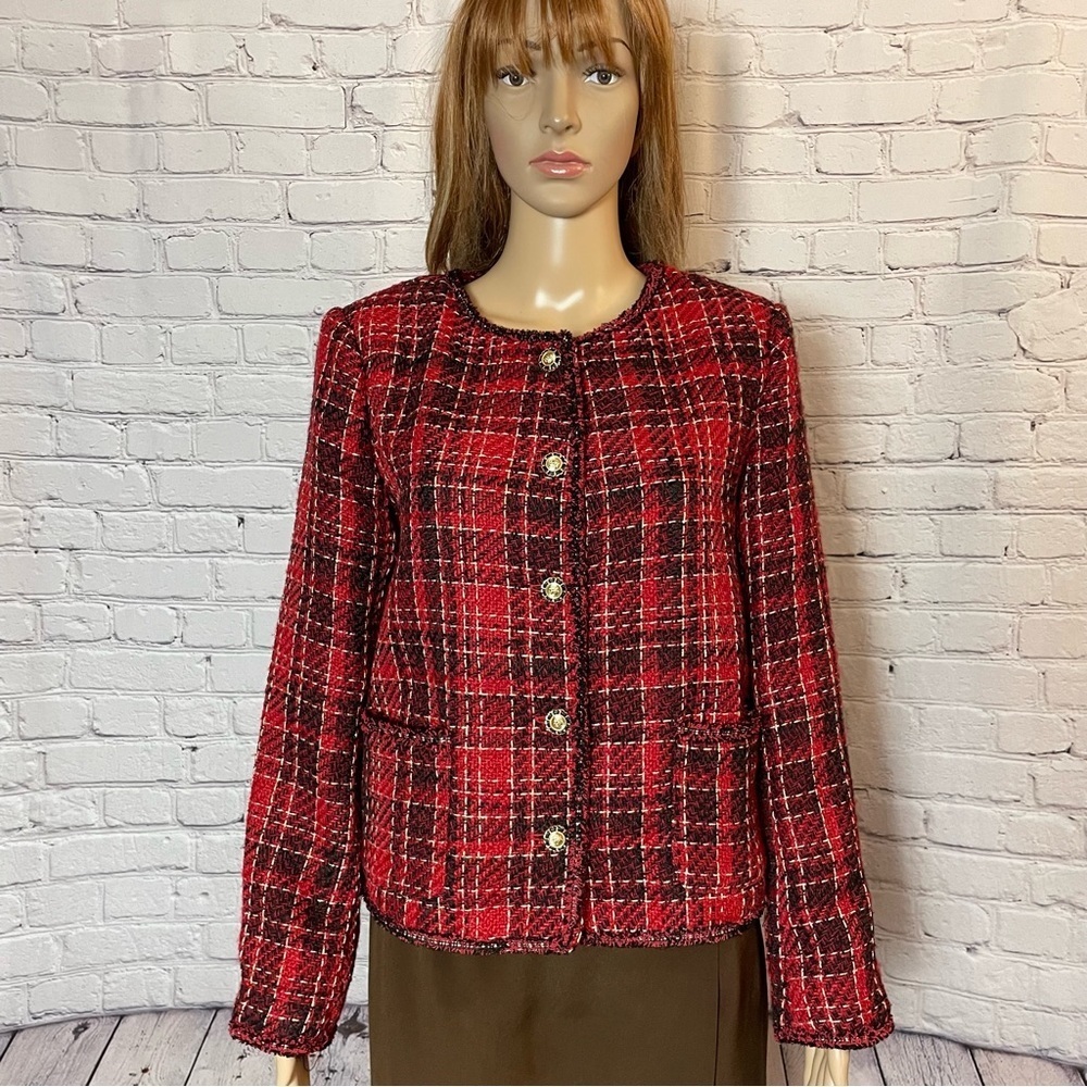 NWT New $119 Adrianna Papell Red Black Tweed Jacket Size M